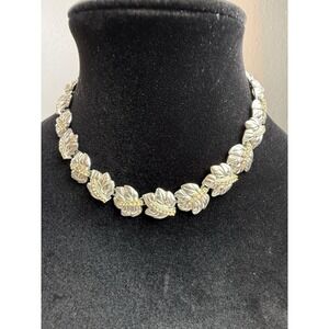 Vtg Lisner Leaf Link-Silver/Gold Plated, Rhinestone, Collar/Choker, Necklace